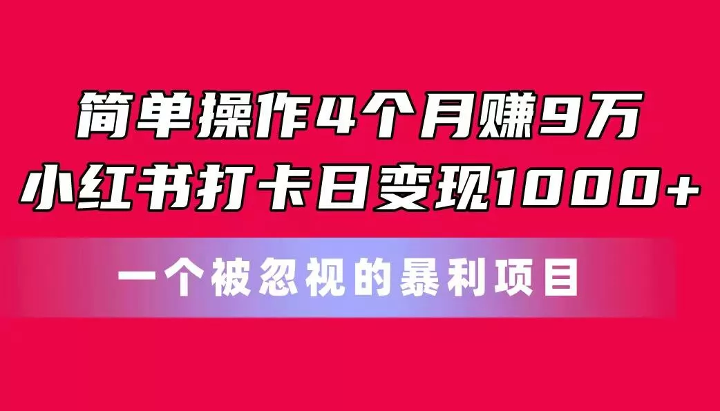 简单操作4个月赚9万！小红书打卡日变现1000+！一个被忽视的暴力项目