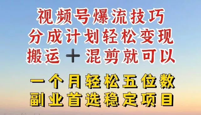 视频号爆流技巧，分成计划轻松变现，搬运 +混剪就可以，一个月轻松五位数稳定项目【揭秘】
